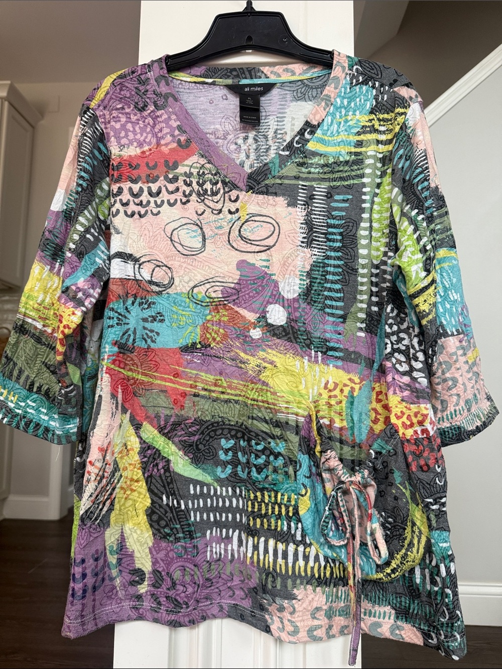 Ali Miles Women's Artsy Abstract V Neck
3/4 Sleeves Drawstring Pocket Tunic PL